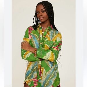 Farm Rio Banana Leaves Long Sleeve Linen Tunic Top